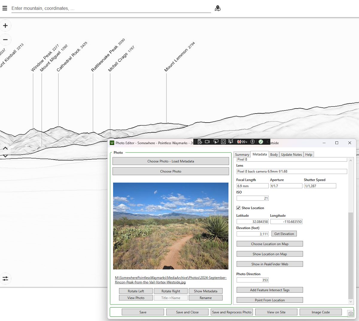 2024 December Photo Editor Button to Show the View in Peak Finder Web with Photo Direction